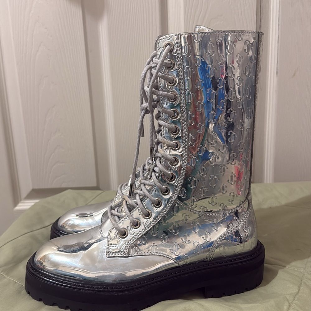 Jimmy Choo Cora Silver Monogram Leather Boot Women's 36/6 - Picture 3 of 7